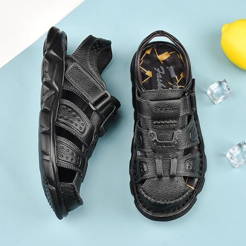 Men's Hollow Hand-Stitched Leather Flat Walking Sandals Comfortable Breathable Closed Toe Non-Slip Adjustable Hook-and-Loop Beach Sandals, Summer Fisherman Beach Shoes2