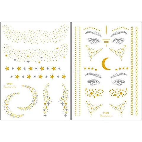Xinlie 2 Pieces Tattoo Stickers Metallic Flash Tattoos Face Tattoo Face Sticker Face Stickers for Holiday Girls and Young Women for Eyes Face Party Festival Shows Gold (2 Pieces) Cover