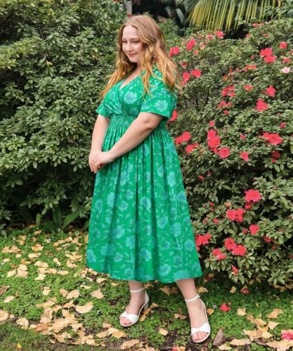 Image of CARCOS Plus Size Dresses for Curvy Women V Neck Summer Maxi Dress Short Sleeve Floral Boho Dress Smocked Waist Beach Dress
