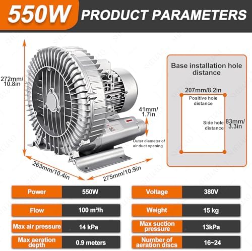 Regenerative Blower High-Pressure Vortex Ring Phase for Sewage Aeration Aquarium Blower Industrial Vacuum Pump,High-Pressure Vortex Blower Vacuum Pump 370W, 220V/380V, Perfect for Industria