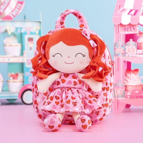 Image of Gloveleya Kids Backpack Toddler Girl Gift Plush Curly Hair Doll Backpack Plush Doll with Heart Printed - Heart Pink 9''