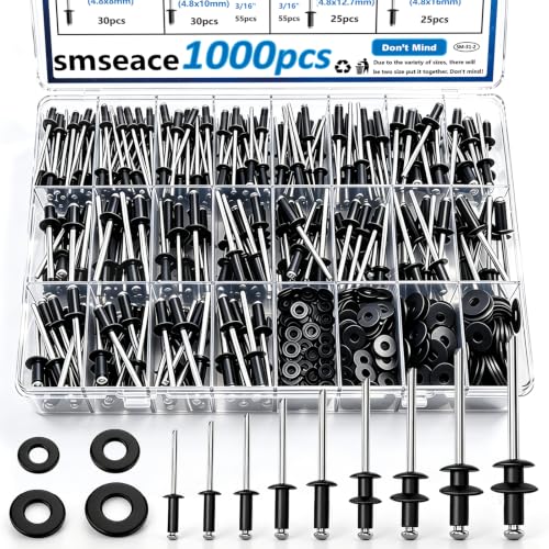 smseace 1000Pcs Pop Rivets with Washers Assortment Kit-14-Sizes SAE Black Rivets for Metal 3/32,1/8,5/32,3/16Inch 4-Sizes 304 Stainless Steel Washers for Metal, Furniture, Automotive, Instruments