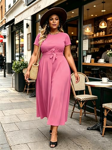 Image of Hostoyo Women Plus Size Formal A Line Maxi Dress Self Tie Waist with Pockets Elegant Round Neck Swing Long Dresses