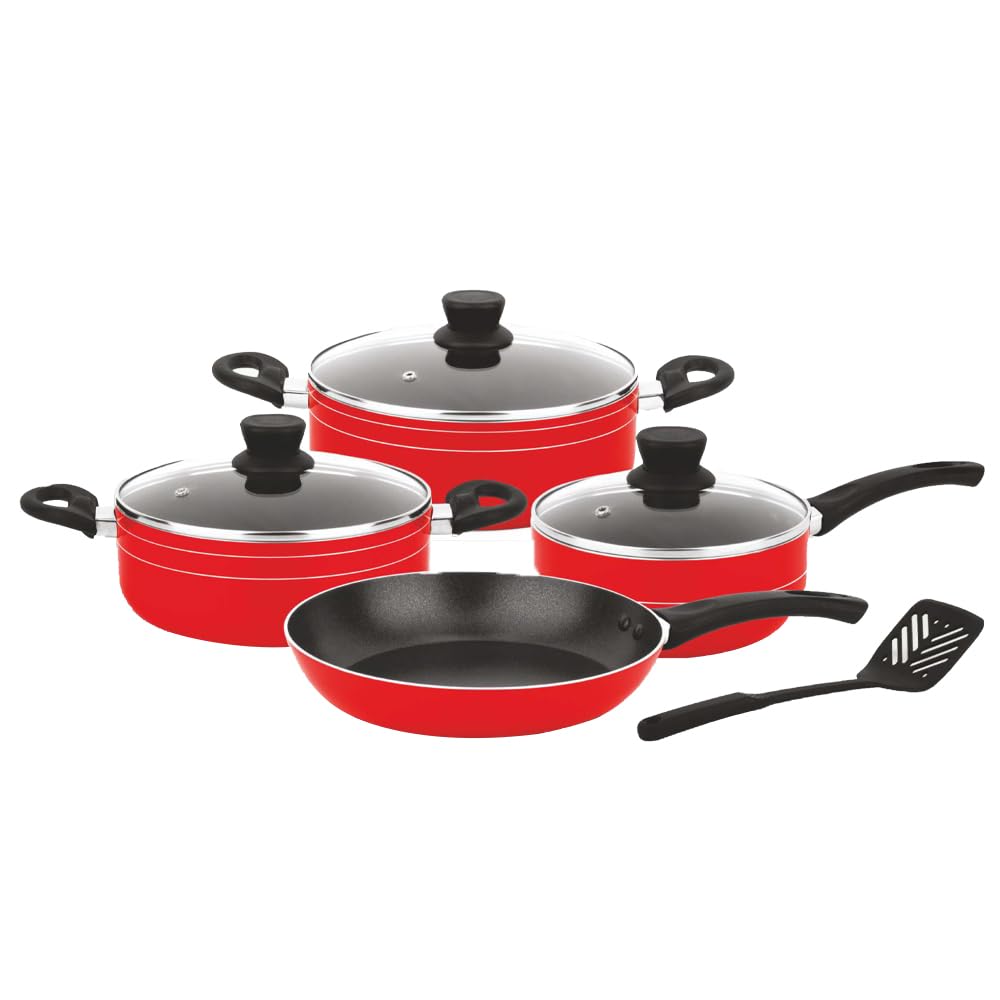 EASY COOK 9Pcs Non-Stick Cookware Set | Scratch-Resistant Pots and Pans Set | 24cm,20cm Casserole | 24cm Fry Pan | 18cm Sauce Pan | 2 pcs Nylon Spatula(Maroon)