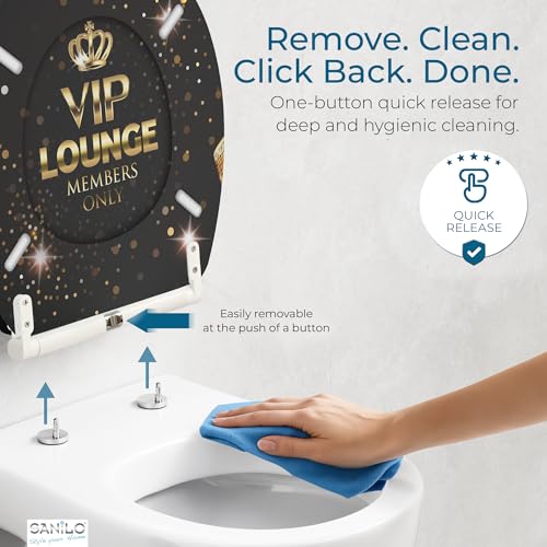 Image of Sanilo Wooden Toilet Seat with Quick Release & Soft Close [ROUND] - Decorative & Slow Close Molded Wood Seat - With One Click for Easy Installation & Cleaning - With Adjustable Fit (VIP-Lounge)
