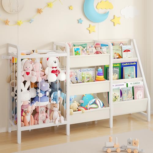 Image of CYXPHION B2 Kids Bookshelf and Toy Storage, 3-Tier Book Shelf for Kids Rooms, Sling Toddler Book Shelves with Stuffed Animal Storage, Montessori Baby Bookcase for Nursery, Bedroom, Playroom, White