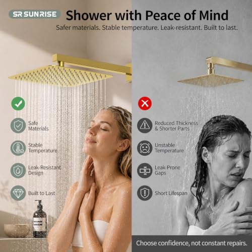 Image of SR SUN RISE Shower Faucet Set 12-Inch Rainfall Shower Head Brushed Gold