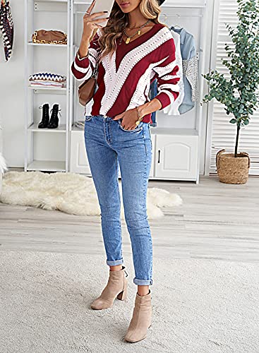 Image of FEKOAFE Womens 2026 Deep V Neck Sweaters Striped Long Sleeve Knit Pullover Sweaters for Women