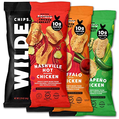 Chicken Chip Variety by Wilde Chips, Nashville Hot, Buffalo, Jalapeno, Thin and Crispy, High Protein, Keto, 2.25oz Bag (3 Count)