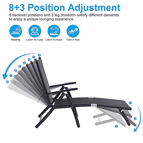 Haquatisol Outdoor Chaise Lounge Chair Set Of 2，Reclining Folding Pool Patio Lounger With 8 Level Adjustable Backrest, Aluminum Portable Recliner For Lawn Garden Beach Yard, 330Lbs Weight Capacity #TOP1