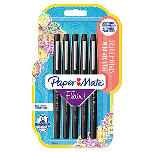 Paper Mate Flair Vilt Tip Pennen | Medium Point (0,7mm) | Zwart | 5 Count