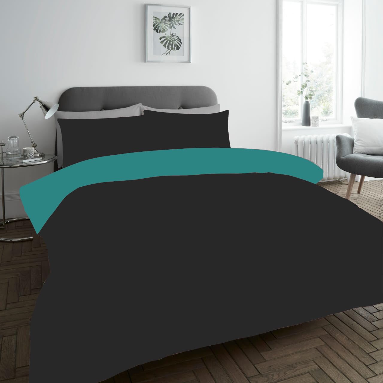 Lions Black Kingsize Duvet Cover Set, Plain Dyed Bedding With Pillowcase, Reversible Quilt, /Teal, Easy Care