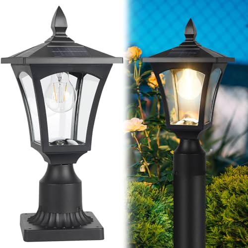 Suponar Solar Lamp Post Light, Solar Lights Outdoor Waterproof with Pier Mount Base, Light Post Fixture for Deck Pole Pillar Yard Garden Patio Decor