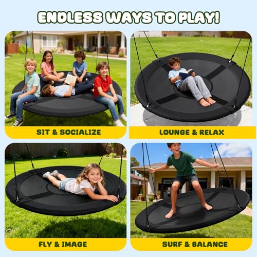 Image of Trekassy 60 inch Large Saucer Tree Swing for Kids Adults 900D Oxford Waterproof with 2pcs Hanging Straps-Black