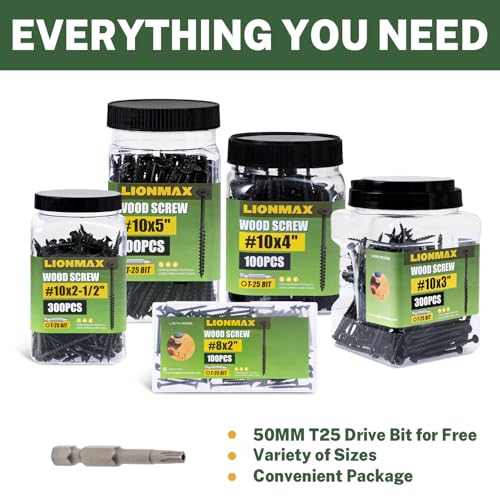 Image of LIONMAX Deck Screws 3-1 /2 Inch, Wood Screws #10 x 3-1 /2 inch, 300 PCS, Rust Resistant, Exterior Epoxy Coated, Outdoor Decking Screws, Torx /Star Drive Head Screw, T25 Star Bit Included, Black