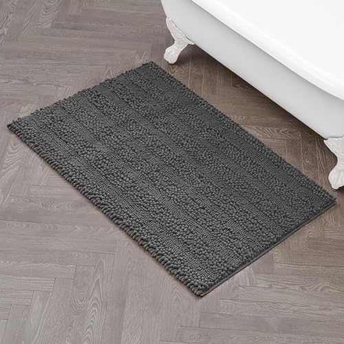 Laura Ashley Astor - Alfombra de baño de felpilla | 100 % poliéster | Decoración de baño de alta calidad | Lavable a máquina | Parte trasera de TPR | Mide 27 x 45 pulgadas | Gris oscuro