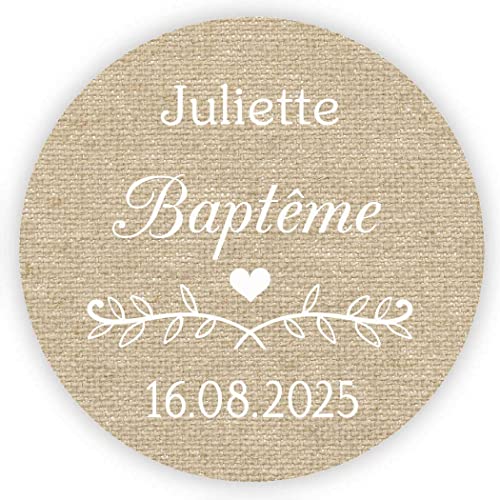 MameArt 50 STICKERS Autocollants Personnalisée Baptême Communion, Prénom et Date, 4cm Étiquettes Autocollants pour Mariage Anniversaire Ans Baptême Cadeaux Fête (Lin) 1FR1001A