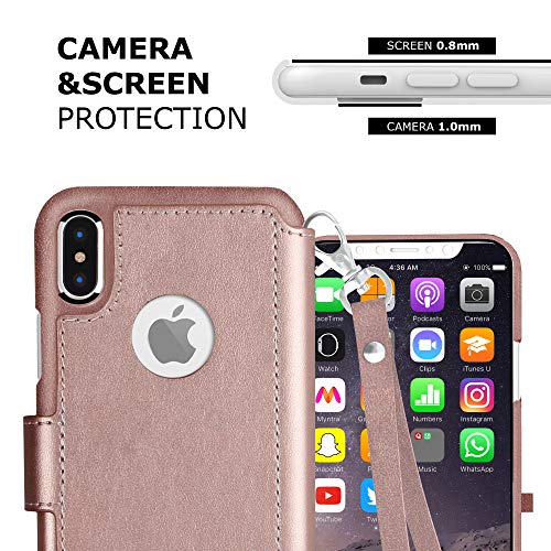 LUPA iPhone X Wallet Case-Slim & Lightweight iPhone X Flip Case with Credit Card Holder - iPhone 10 Wallet Case for Women & Men - Faux Leather iPhone Xs Purse Cases – Wristlet Rose Gold
