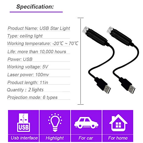Image of USB Star Projector Night Light, Interior Car Lights, Bending Freely Portable Atmospheres Decoration for Car, Ceiling, Bedroom, Party - 2 PCS, Metal