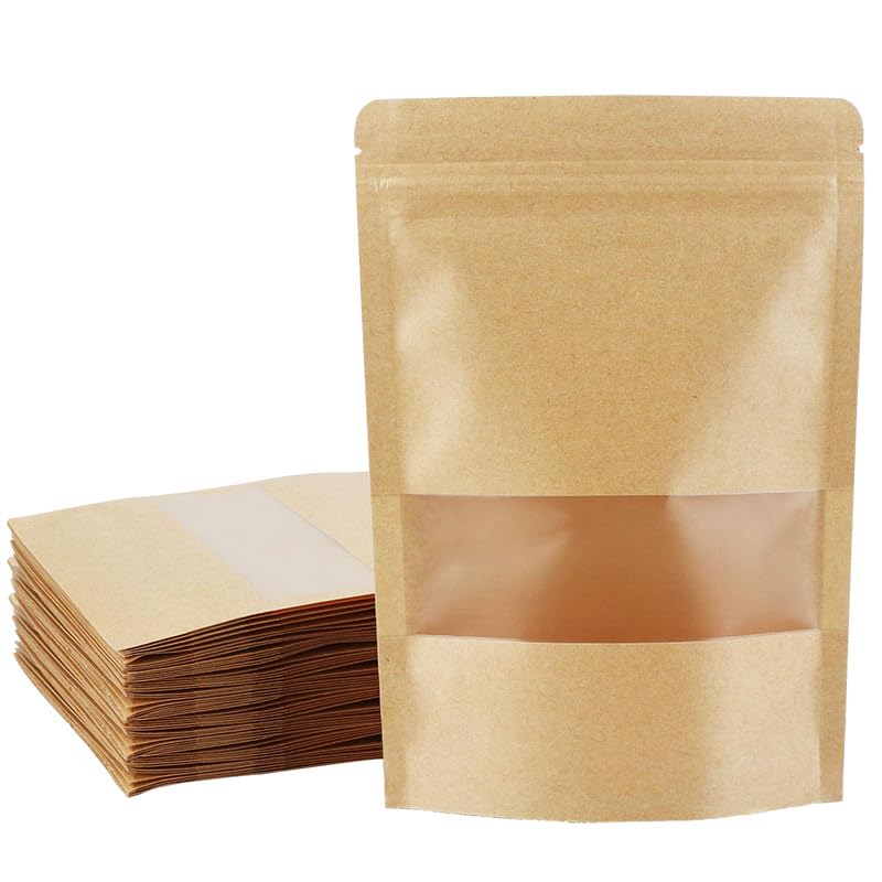 100 bolsas de papel kraft con ventana de 10 x 15 cm, color marrón, para alimentos, café y aperitivos, resellables