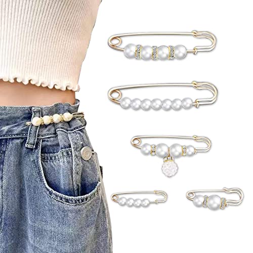 5 Pcs Pearl Brooch Pins for Women Fashion, Brooch Pins for Crafts, Sweater Shawl Clip Double Gold Brooch Pins for Womenï¼ŒWaist Pants Extender Safety Pins (White)