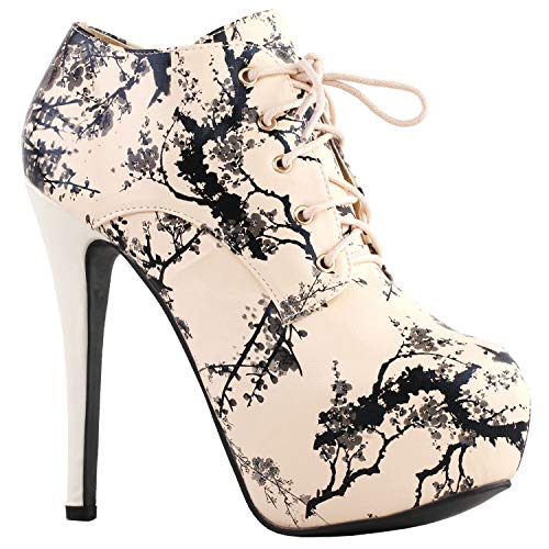 Show Story Beige Black Two Tone Lace-Up The Plum Blossom Pattern High Heel Hidden Platform Ankle Boots,Lf80884Bg40,9Us,Beige #TOP2