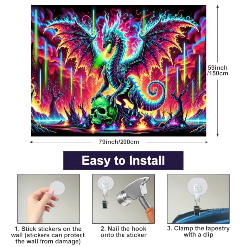 Image of BlissYard Dragon Tapestry Blacklight Tapestry 78x59 Inch UV Wall Hanging | Dragon Tapestry with Neon Dragon Skull Fantasy Scene for Gaming Room Bedroom Dorm and Trippy Wall Decor