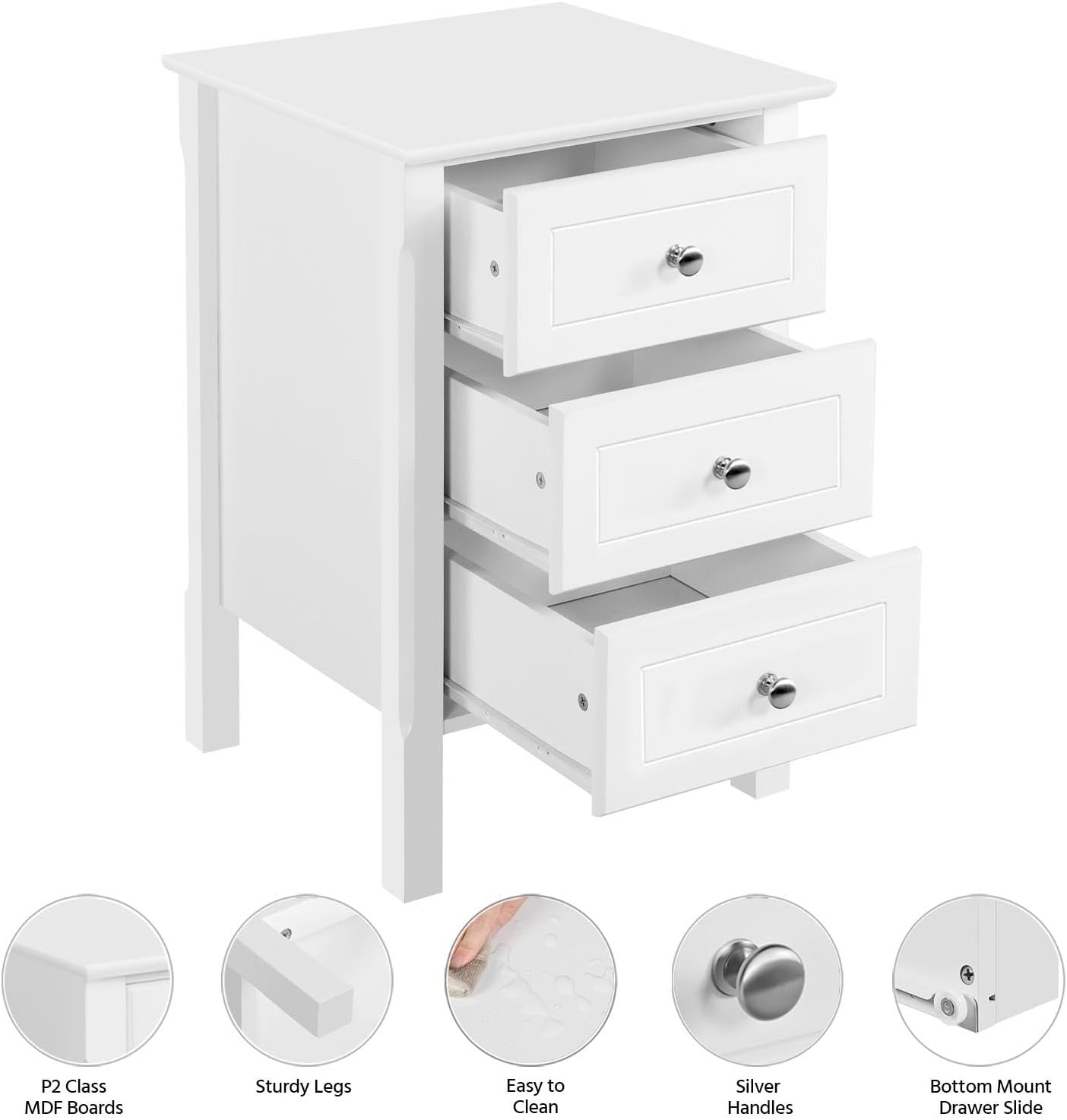 Yaheetech 3-Drawer Nightstand with drawers open, showcasing construction features like MDF boards, sturdy legs, and smooth drawer slides.