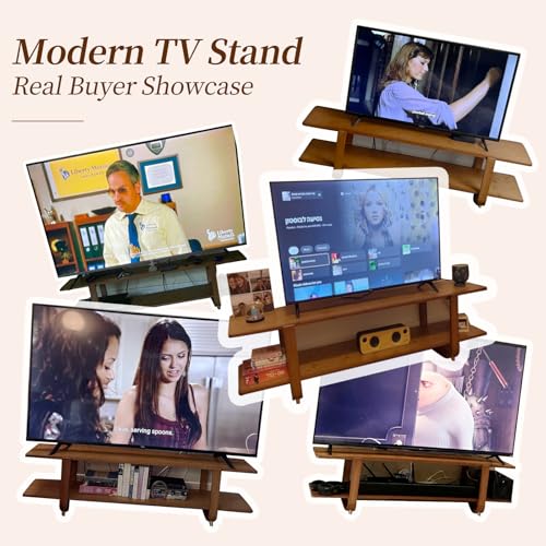 Image of Tiita Walnut TV Stand for 65-Inch TVs, 2 Open Shelves, Modern Media Console | Bamboo Construction, Mid Century Style, Open Storage for Electronics and Decor in Living Rooms and Bedrooms