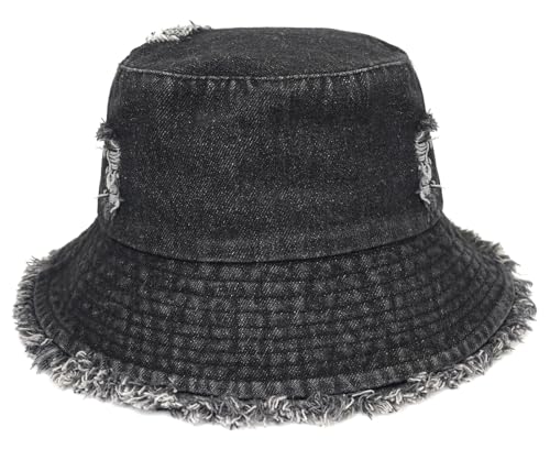 Image of Chamqueen Denim Bucket Hat for Women Men Washed Sun Hat Beach Cap Black
