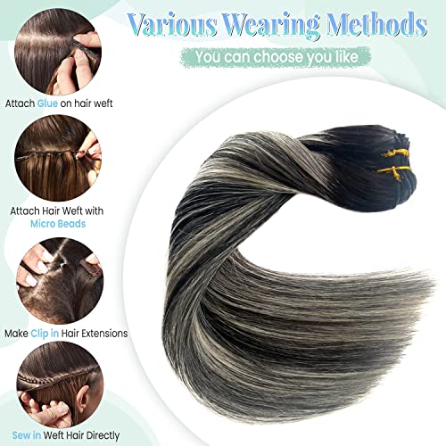 Image of Sew in Weft Hair Extensions Human Hair, Ombre Black to Blonde Highlights Hair Extensions Real Human Hair Bundles 12 Inch 80G Hand Tied Weft Hair Extension Human Hair Sew in Weave Wefts Extensions