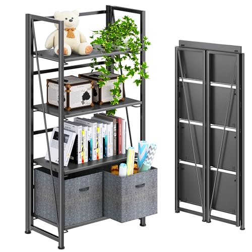 4NM No Assembly Folding Bookshelf Storage Shelves 4 Tiers Vintage Bookcase Standing Racks Study Organizer Home Office (All Black)