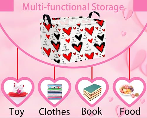 Image of Valentines Day Basket for Kids Heart Shaped Empty Storage Bins for Gifts with Handles Room Decor (Black Lace Red Love)