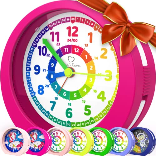 Honey's Heaven Kinderwecker ohne Ticken - für Jungen und Mädchen - Lernwecker Lernuhr Weckuhr Kinderuhr Quarzwecker Snooze Analog Quartz Wecker (Magenta)