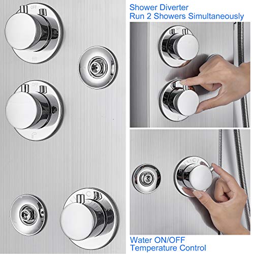 Rovogo Shower Panel With Led Rainfall Waterfall Shower, 4 Mist Jets, 2 Body Sprays, Handheld And Waterfall Tub Spout, Shower Tower System With Temperature Display, Stainless Steel Brushed #TOP5