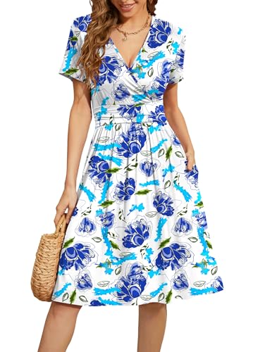 Image of WEACZZY Women's Summer Short Sleeve Casual Dresses V-Neck Floral Party Dress with Pockets