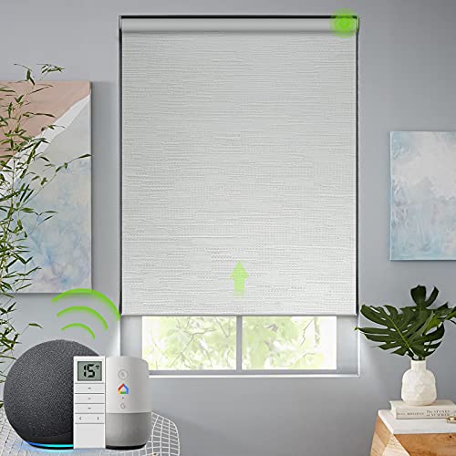 Yoolax Motorized Blind Shade for Window with Remote Control Smart Blind Shade Compatible with Alexa Motorized Roller Shade Blackout Battery Solar powered blind Custom up 98''W X 138''H(Jacquard White)