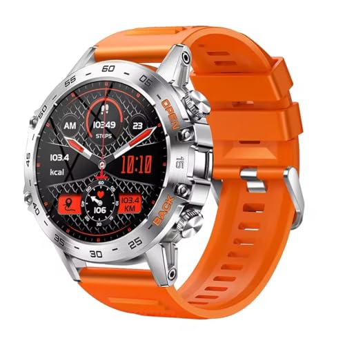 Mens Military Smartwatch Bluetooth Answer/Make Call for Android iOS Phone Long BTRY 1.39" Outdoor Sports Activity Fitness Tracker Orange Silicone Strap Music Smartwatches Health Monitor (Orange)