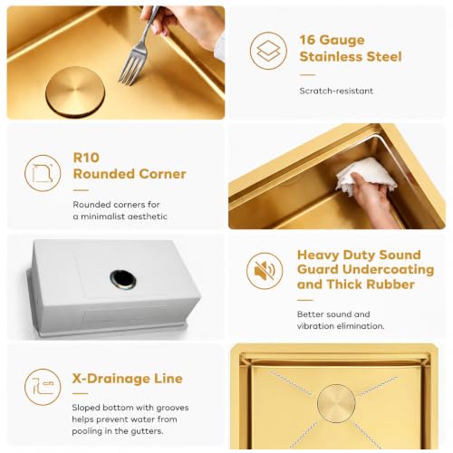 Image of Gold Undermount Kitchen Sink 32 Inch, 16 Guage Stainless Steel Workstation Sinks with Ledge & Accessories, 32 inch x 18 inch x 6 inch Single Bowl ADA-Compliant Large Sink, 6 Inch Depth Gold ADA Sink