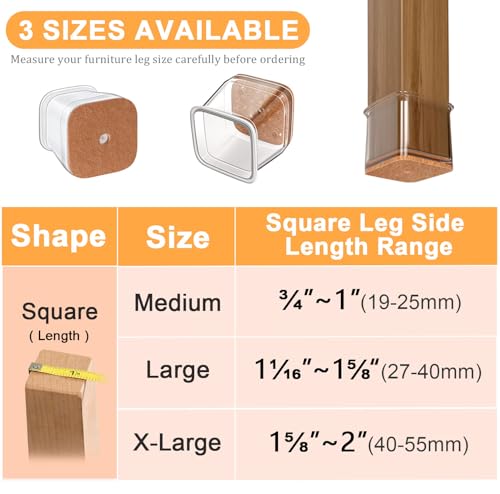 Image of Square Chair Leg Caps (Fit Side Length: 26-40 mm), Pack of 20 Transparent Silicone Chair Leg Protectors, Clear Silicone Chair Leg Protectors, for Protecting Floors, Home Felt Pads