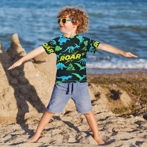 Roaring T-rex Pterosaur Ankylosaurus Black Fluorescent Green Short Sleeve Girls Bathing Suit Girls Swimsuit Rashguard Rash Guard Boys for 3-12 Years Traje de Banos para ninas4