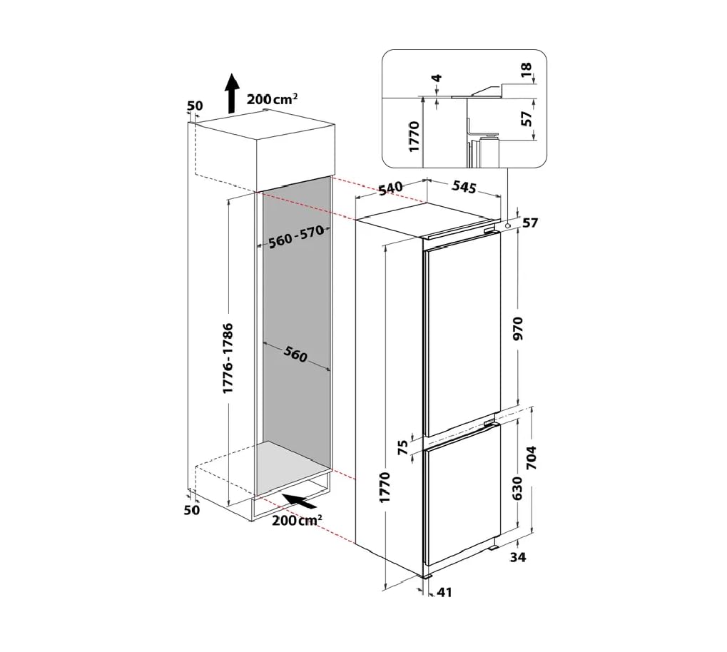 Indesit INC18D021A1 Frigorifero Combinato, Statico, Tecnologia Low Frost, Altezza 177 cm, 34 dBA, Porte Reversibili, Illuminazione Led, Controllo Umidità, Allarme Porta Aperta, Classe Energetica E