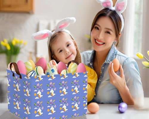 Image of Large Rectangular Easter Baskets Empty Waterproof Boy Toy Box Foldable Kid's Gifts Storage Bin Spring Room Decor(Blue Rabbit Holding Carrot Egg)