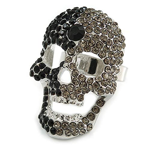 Bague de cocktail tête de mort cristal noir gris réglable 7 8