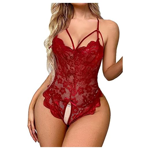 Satohom Lingerie Sexy Femme Body et Combinaison Dos Nu en Dentelle Décolleté en V Sexy Teddy Lingerie Culotte Ouverte Erotique Nuisette sous Vêtements Ensemble Lingerie