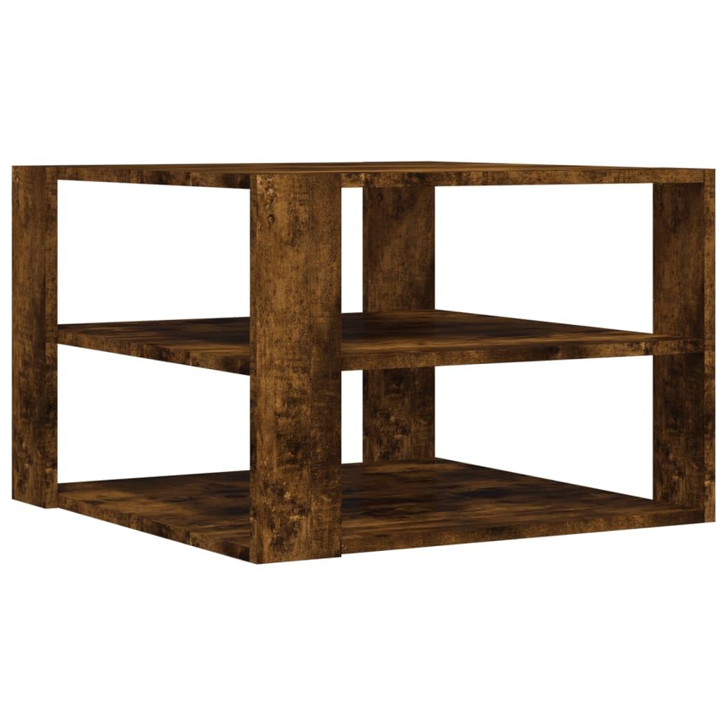 Mesa de centro de roble ahumado, 59,5 x 59,5 x 40 cm, material de madera, estante de 3 niveles, mesa de salón para bebidas, aperitivos, artículos decorativos, resistente a la humedad