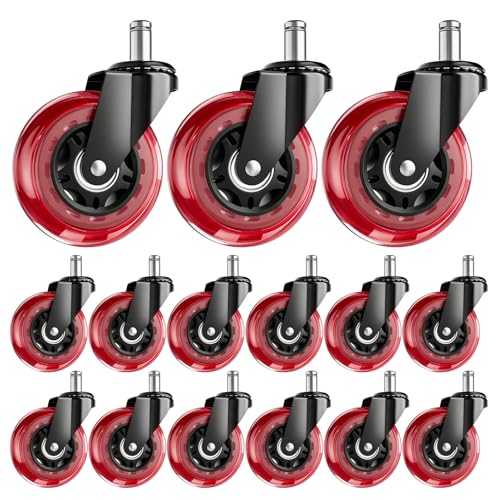 Image of 3 Inch Office Chair Wheels, Set of 15 (Red) | Heavy Duty Replacement Casters for Hardwood Floor & Carpet, Smooth Quiet Roll, Universal 11mm Stem, Non-Marking PU Wheels