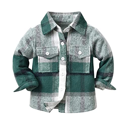 ODOLDI Baby Boy Flannel Shirt Toddler Boys Green Plaid Flannel Shirt Long Sleeve Button Down Shirts Kids Western Shirts Fall Flannel Shacket Green White Buffalo Plaid 8-9 Years