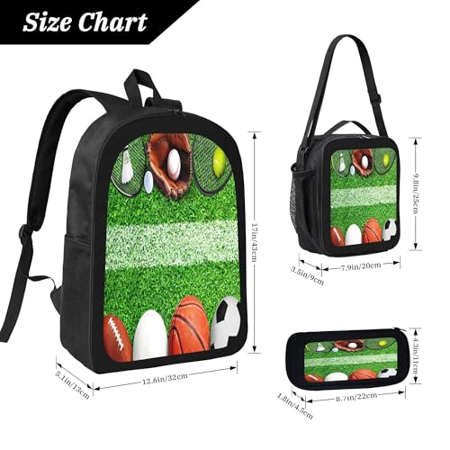 3PCS Backpack for Women Men With Lunch Box Pencil Bag 17 Inch Lightweight Adjustable Strap Back Pack 3 In 1 Set Sports Football Basketball Casual Daypack Unisex Fit Travel Work Camping3