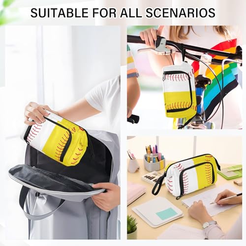 Image of Baseball Softball Big Capacity Pencil Pen Case Large Pencil Pouch | Portable Multi Compartment Zipper Pencil Bags Stationery Storage for Men Women College Office